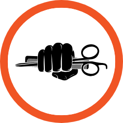 icon of fish holding out comb and scissors icon of fish holding out comb and scissors