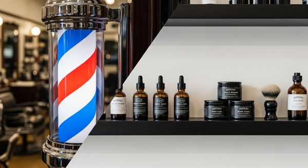 A split image showing a classic barber pole and modern grooming products. Classic and Modern.jpeg